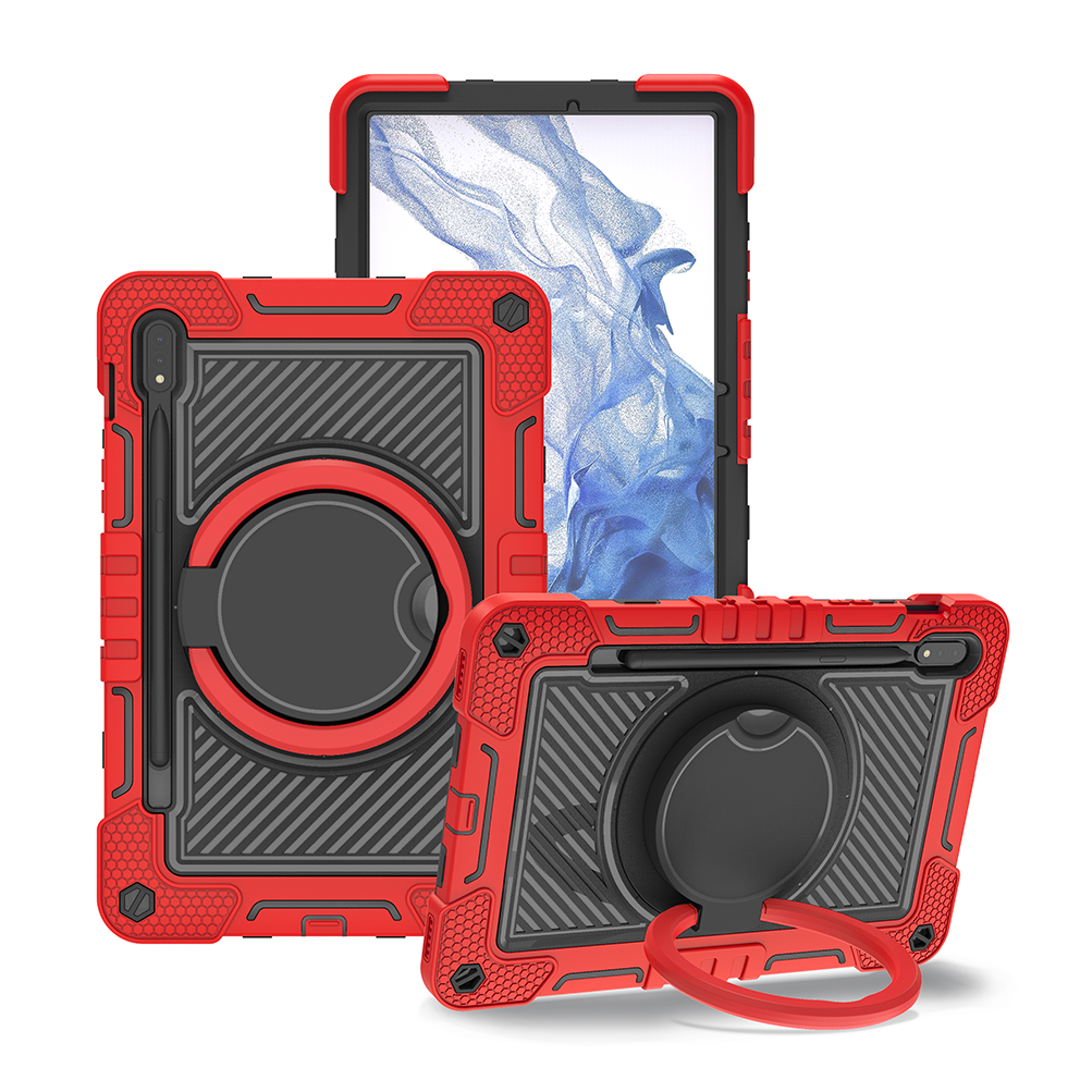 TOZIZO Red Shockproof Case for Samsung Galaxy Tab S8 with 360° Swivel Stand Carry Handle & Wide Adjustable Strap – Education Bulk