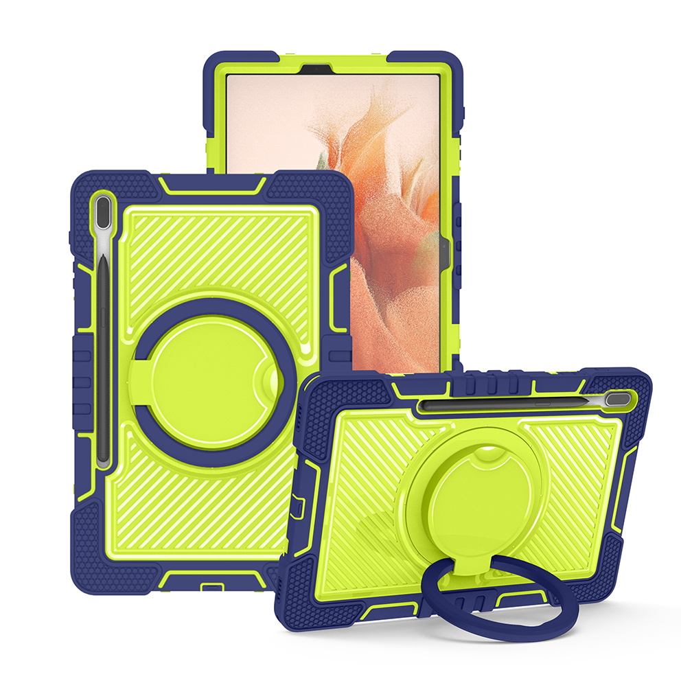 TOZIZO Industrial 3-in-1 Armor Case for Tab S7 FE - Navy Blue Rotating Ring Stand Anti-Slip Grip Widened Adjustable Shoulder Strap