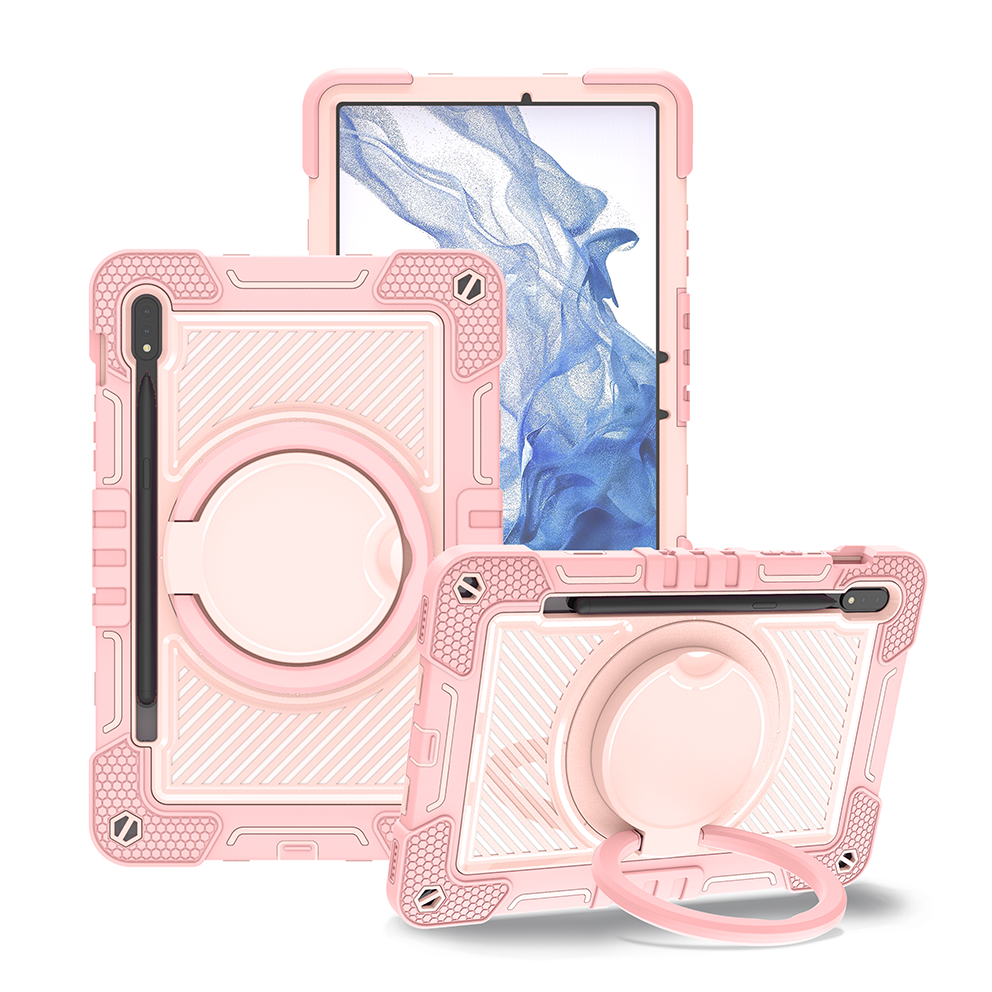 TOZIZO Rose Gold 3-in-1 Protective Case for Samsung Galaxy Tab S8 with Rotating Stand Carry Grip & Shoulder Strap – Retail Wholesale