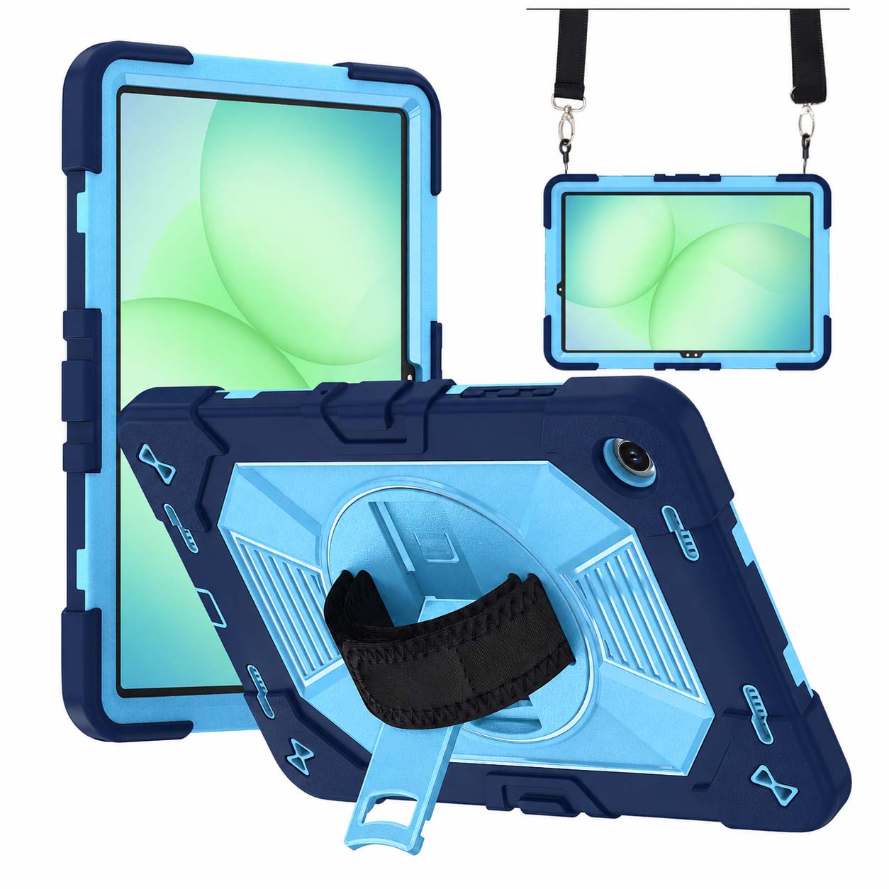 TOZIZO Heavy Duty Case for Samsung Tab A9+ / Tab A11+ with 360° Rotating Stand, Hand Strap & Shoulder Strap - Black | B2B Wholesale