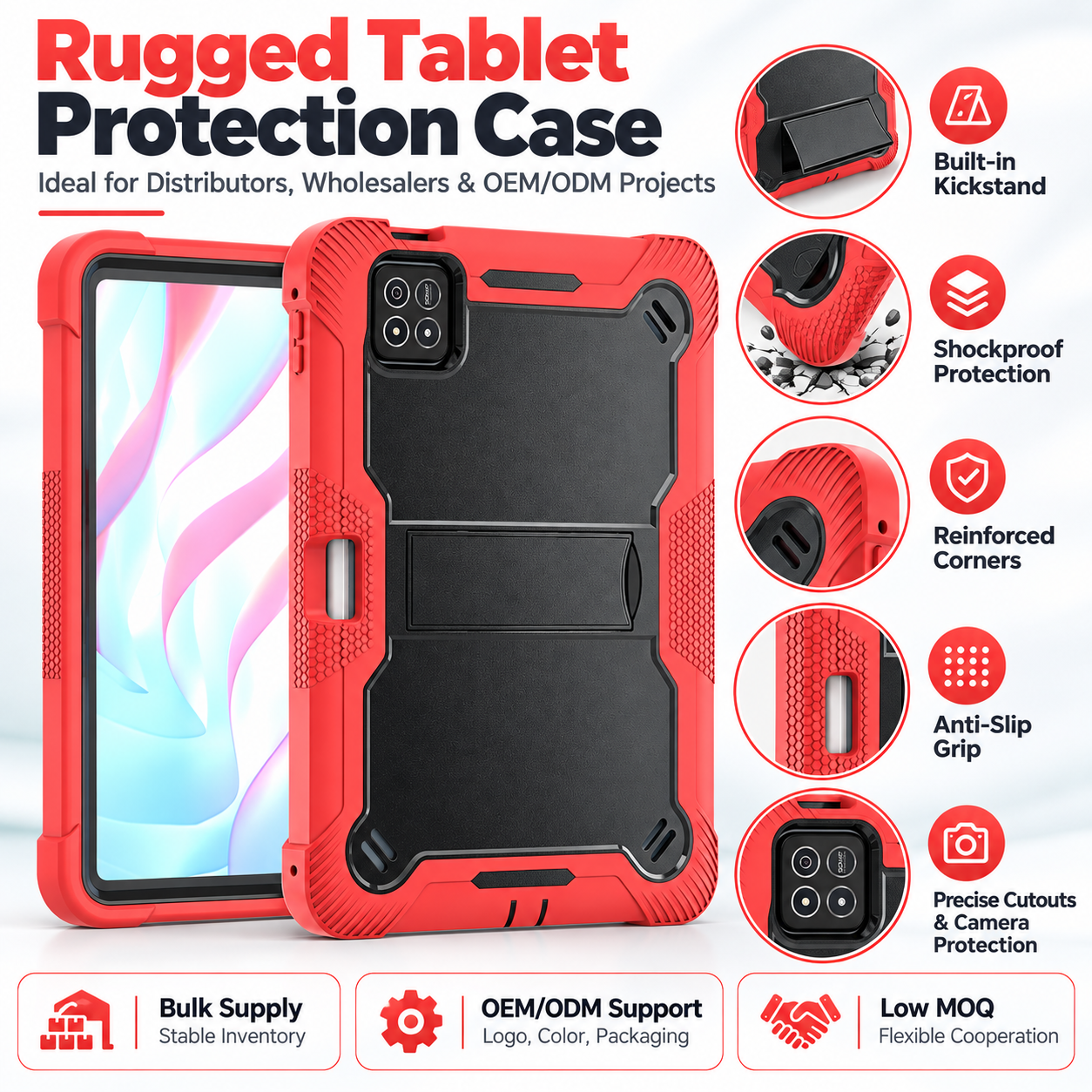 TOZIZO Red Black Rugged Protective Tablet Cover for Xiaomi Pad 7 / Pad 7 Pro – Anti-Drop Anti-Slip Dust-Resistant Hybrid Case with Kickstand