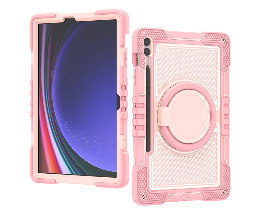 TOZIZO Rose Gold 3-Layer Protective Tablet Case with 360° Rotating Grip Stand, Hook Hang & Adjustable Strap for Samsung Tab S9 Plus