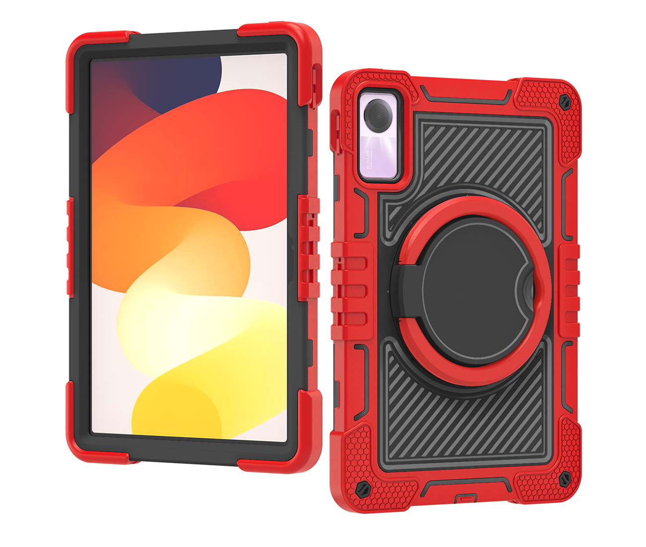 TOZIZO Red Shockproof Case for Redmi Pad SE, 360° Swivel Kickstand, Handheld Ring Grip, Adjustable Wide Shoulder Strap
