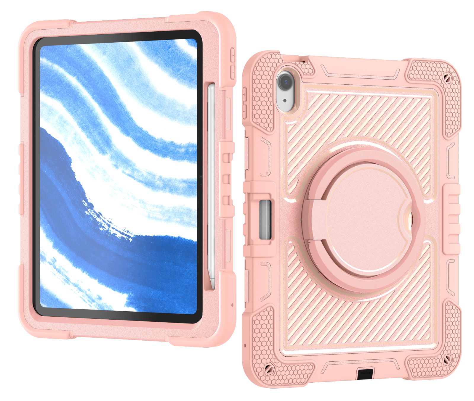 TOZIZO Rose Gold iPad Air 6 2024 Heavy Duty Case with 360° Multi-Angle Stand, Hanging Ring Handle & Adjustable Carry Strap