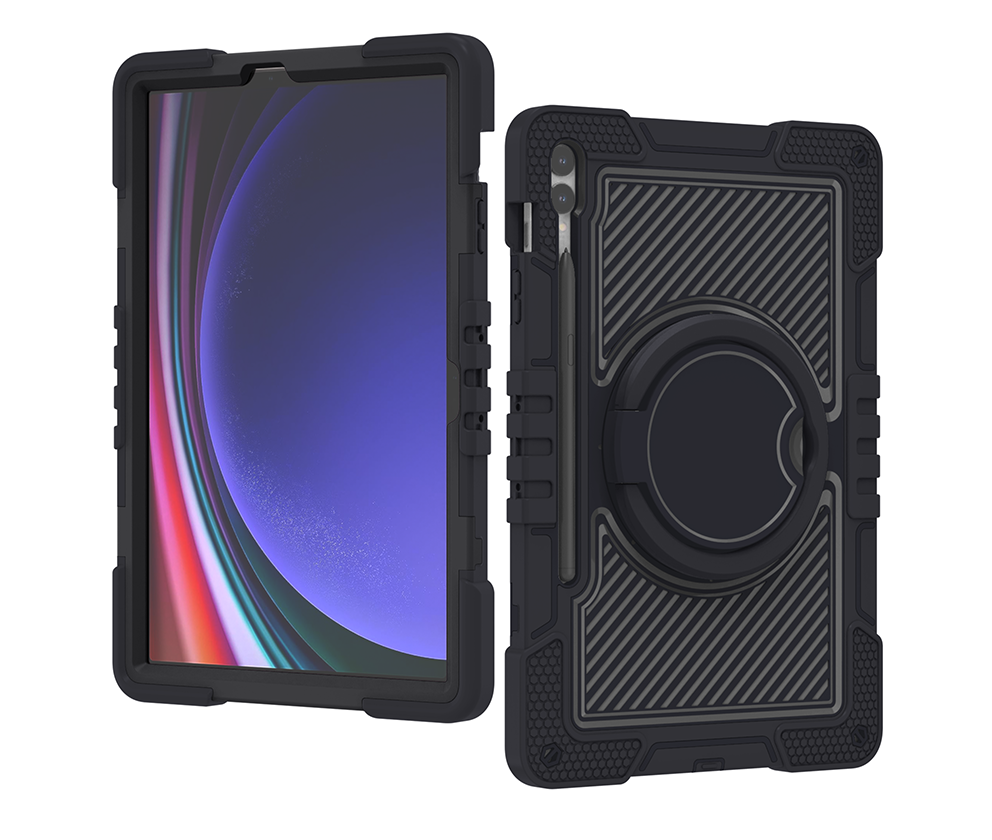 TOZIZO Black Heavy Duty 360° Rotating Armor Case with Handle, Hook-Hanging Stand & Shoulder Strap for Samsung Tab S9 Plus