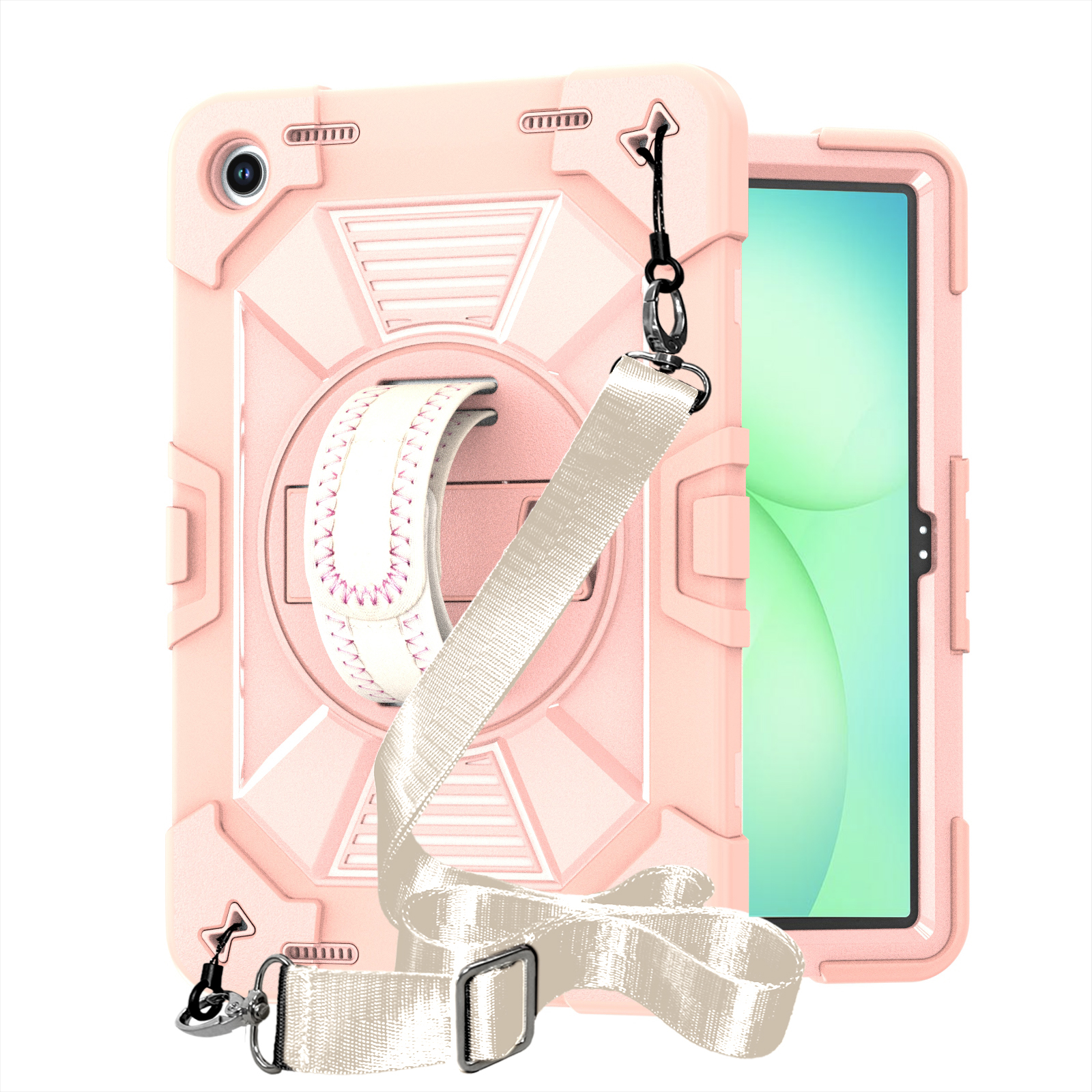 TOZIZO Pink Heavy Duty Kids Tablet Case for Samsung Tab A9+ / A11+ with Shoulder Strap & 360° Rotating Stand