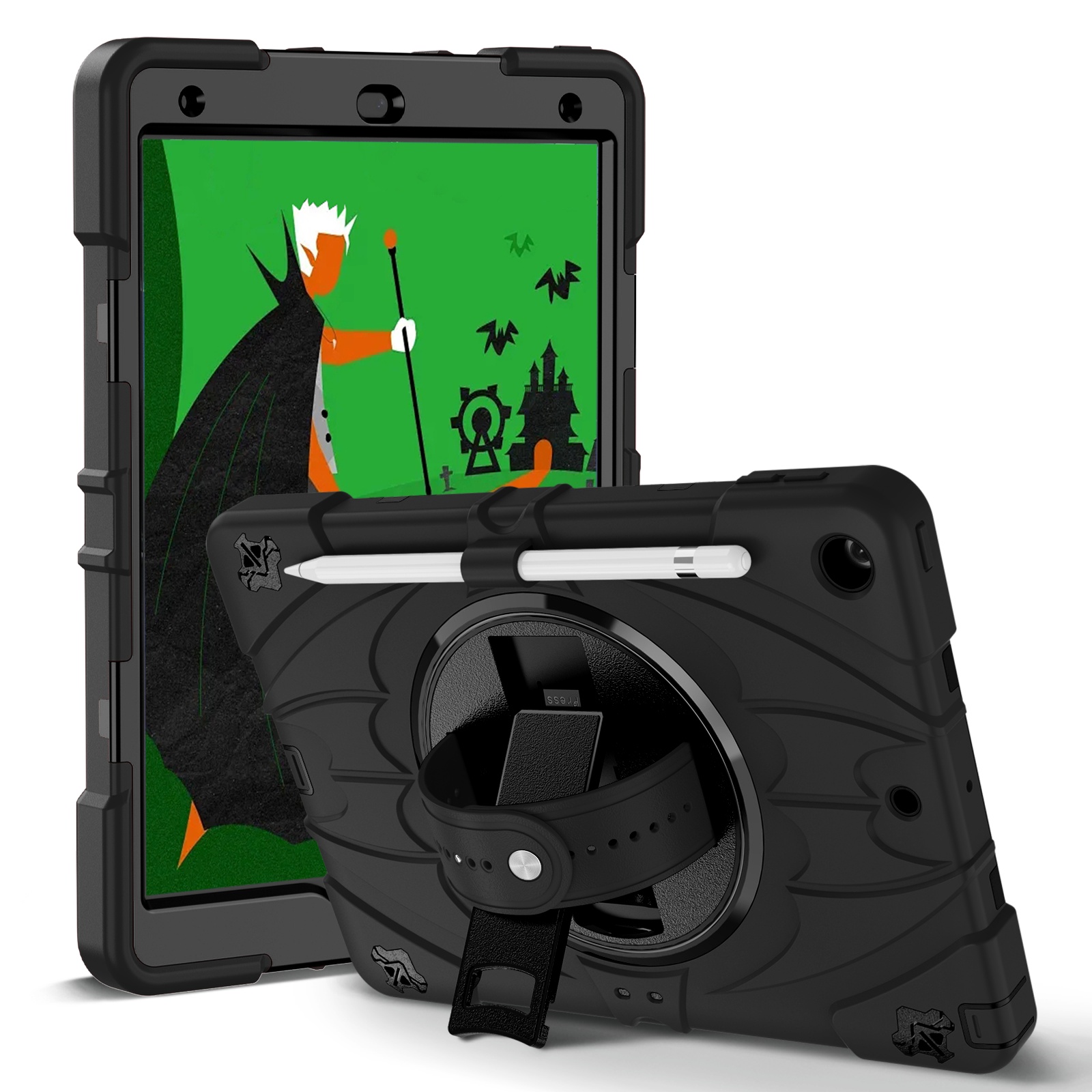 TOZIZO Black Rugged For iPad 10.2 Case with 360° Rotating Stand, Hand Strap & Shoulder Strap | B2B Protective Cover