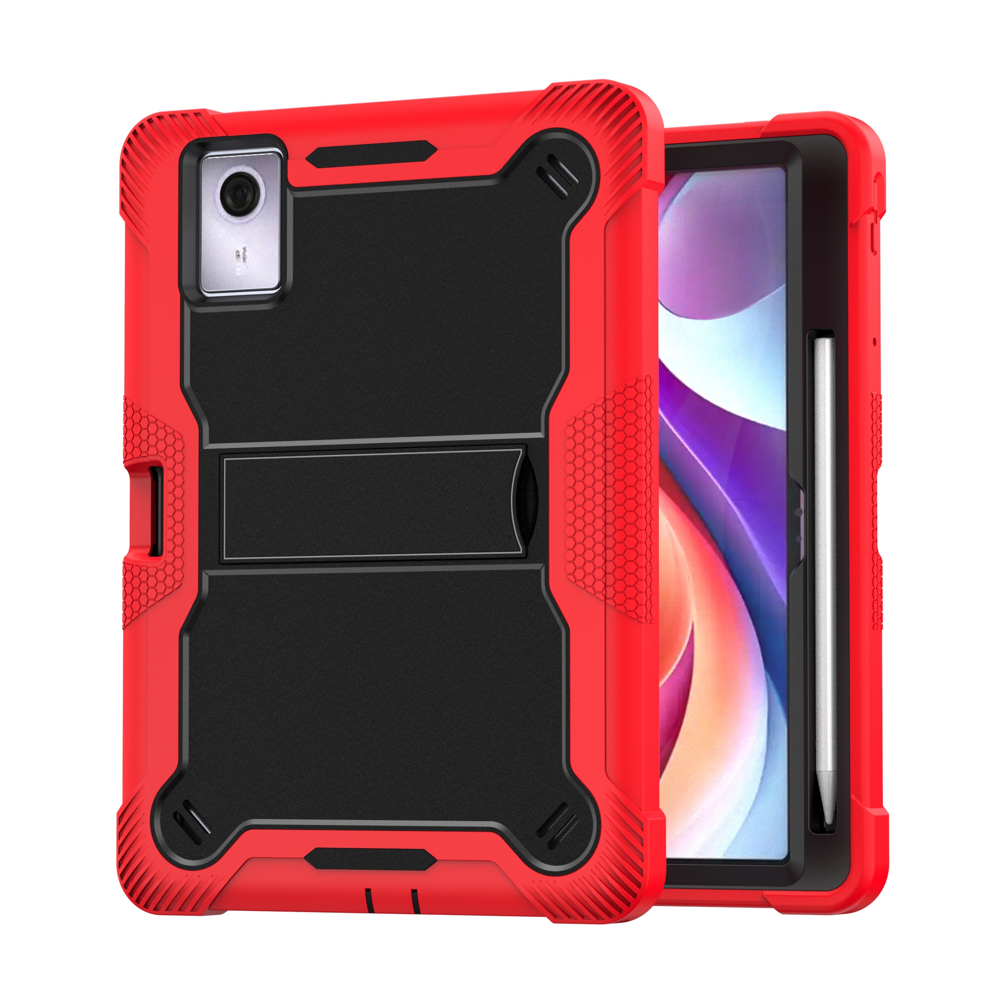 TOZIZO Red Black Rugged 3-Layer Case for Lenovo Idea Tab 11 | Shockproof Anti-Slip Stand Cover