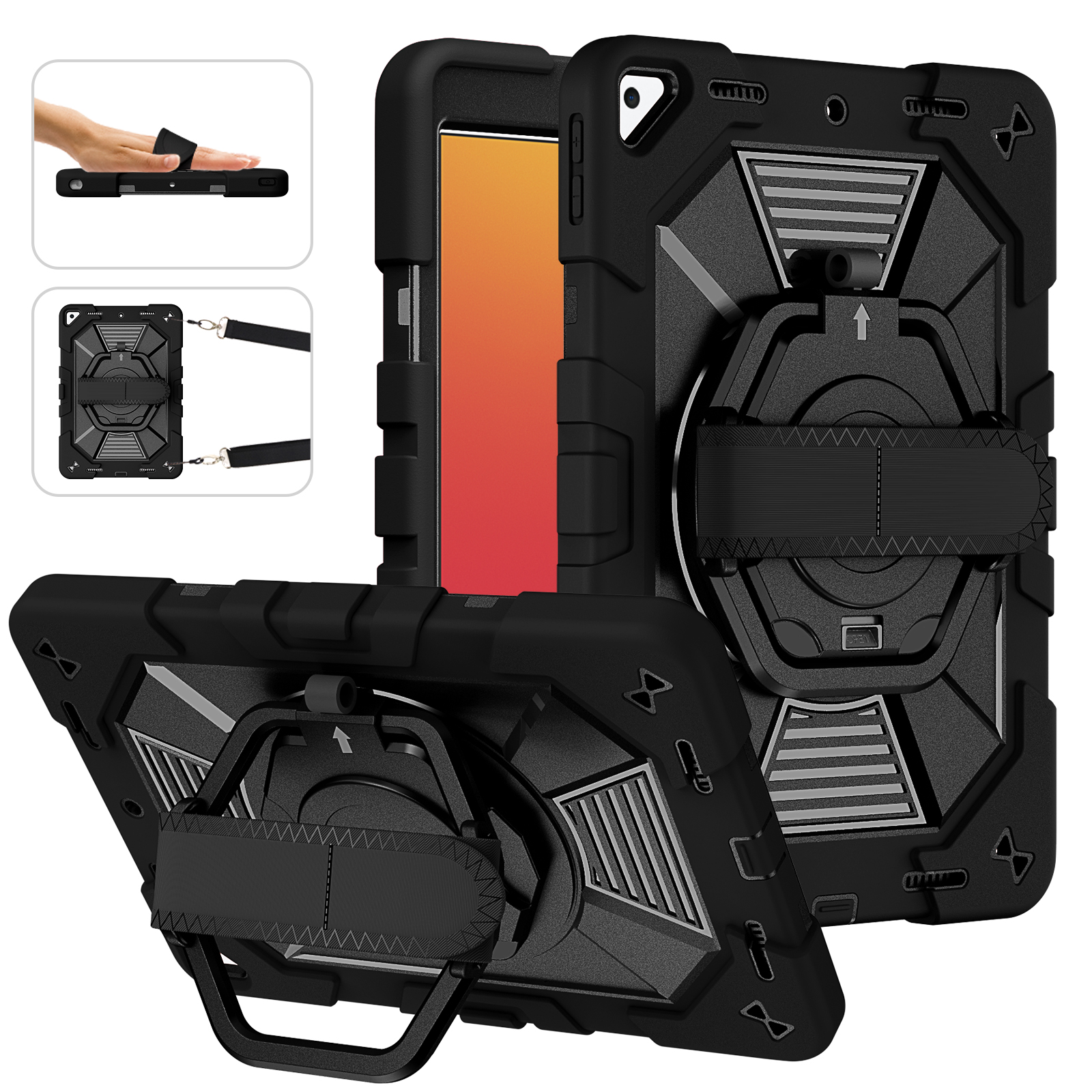 TOZIZO Black Heavy Duty 3-Layer Case for iPad 10.2 with 360° Rotating Hand Strap, Stand & Shoulder Strap