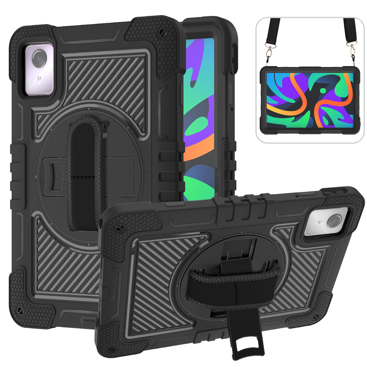TOZIZO Black Rugged Case for Lenovo TAB M11 2024 – 360° Rotating Stand, Adjustable Hand Strap & Widened Shoulder Strap, 3-Layer PC Silicone Protection for Enterprise & Warehouse Bulk Orders