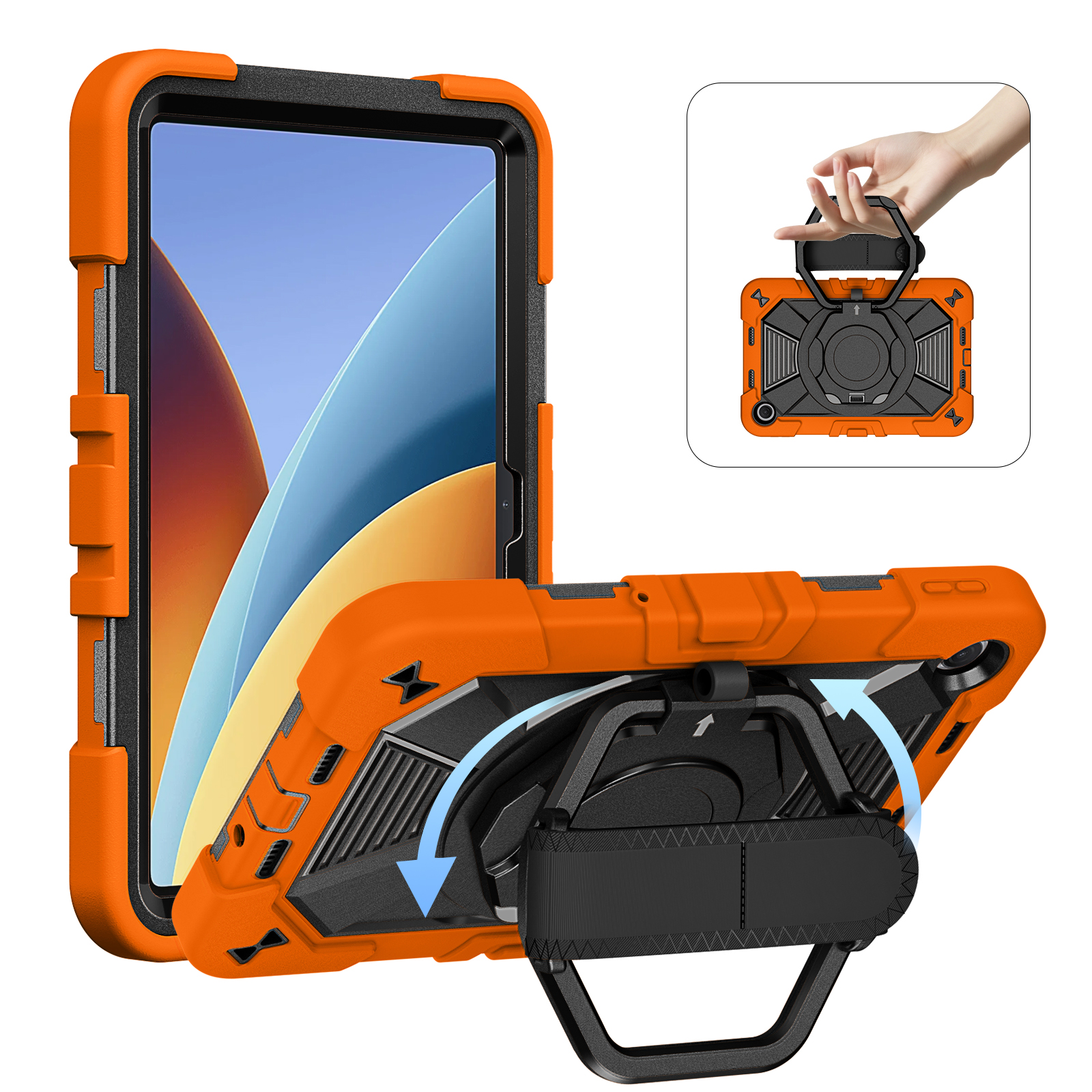 TOZIZO Orange Field Service Case for Redmi Pad2 9.7 with 360° Swivel Stand, Hand Strap, Handle & Shoulder Belt