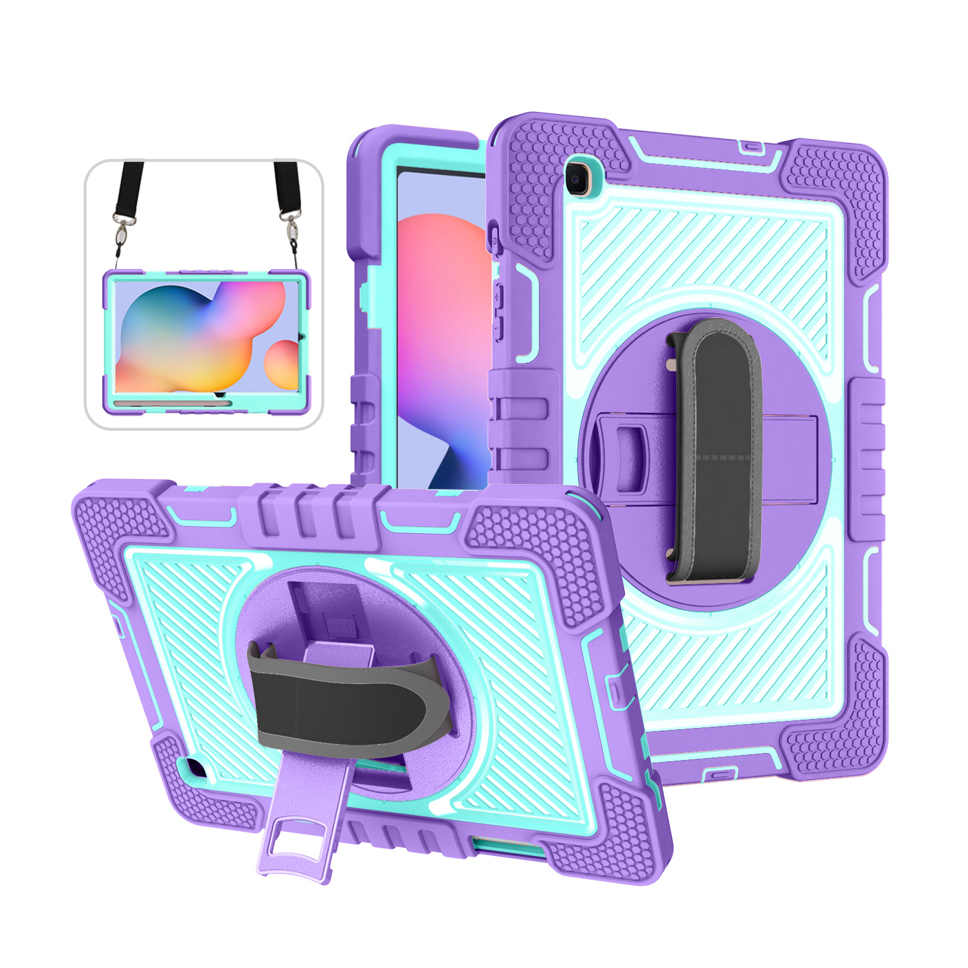 TOZIZO Purple Mint For Samsung Galaxy Tab S6 Lite 10.4 Case – 360° Rotating Stand, Hand Strap & Shoulder Strap for Education and Training