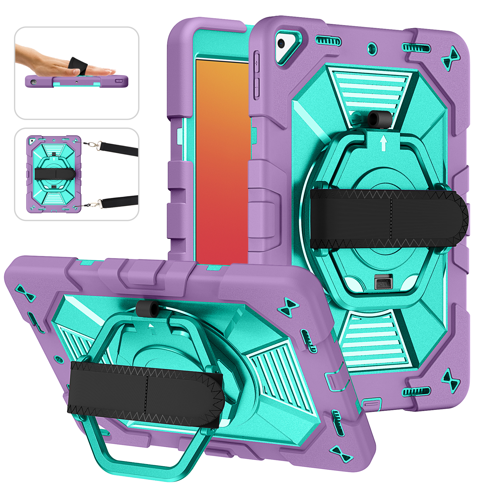 TOZIZO Purple Mint Kids Rugged Case for iPad 10.2 with Rotating Stand, Hand Strap, Carry Handle & Shoulder Strap