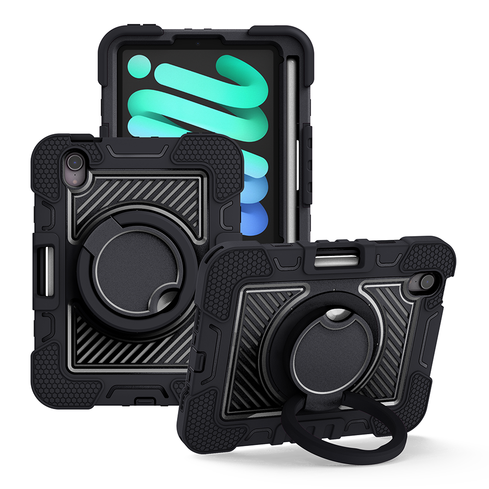 TOZIZO Black Rugged Case for iPad mini 6 / mini 7 with 360° Rotating Stand and Shoulder Strap