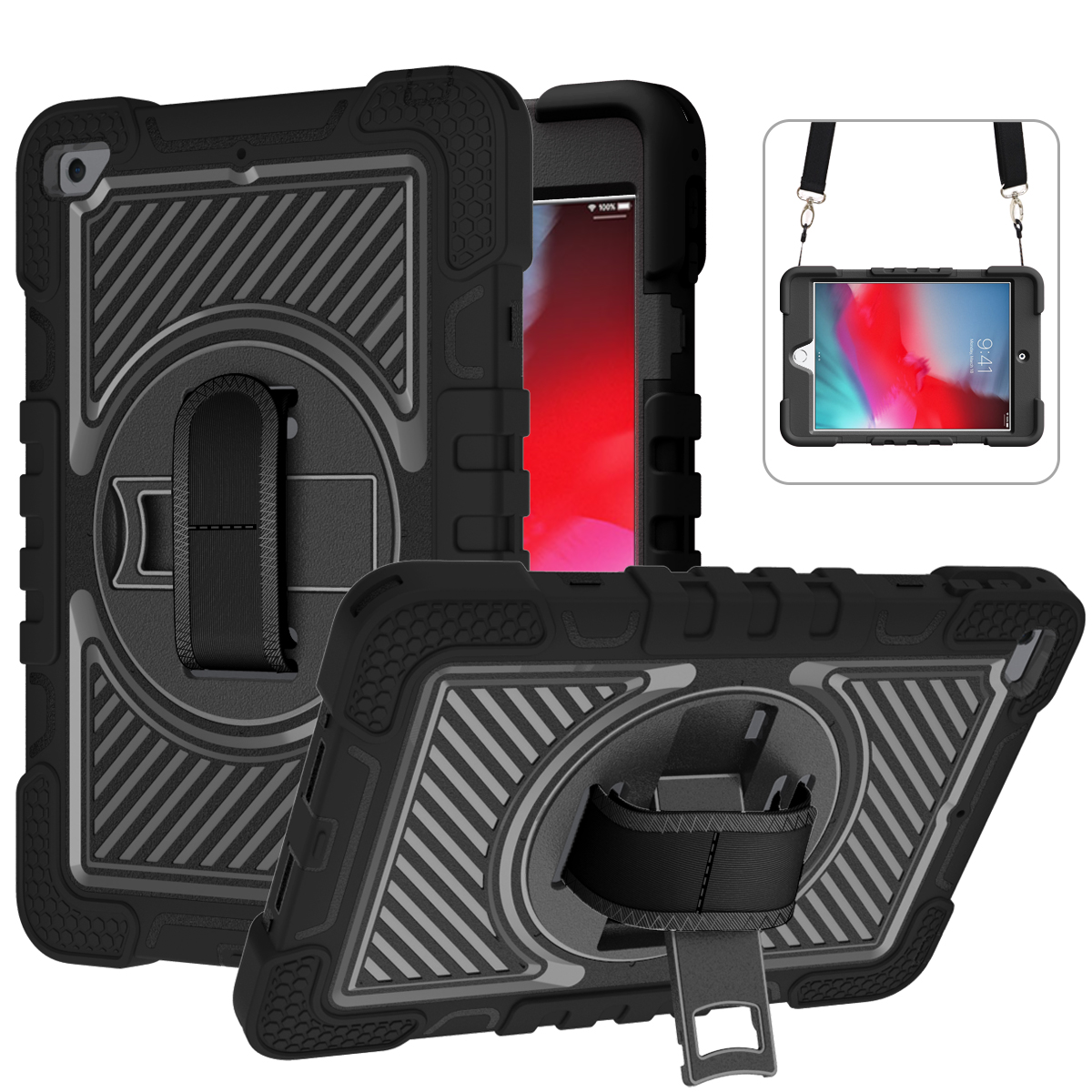 TOZIZO Black Rugged for iPad mini 4/5 Case with 360° Rotating Stand, Hand Strap & Shoulder Strap – B2B Heavy Duty Cover