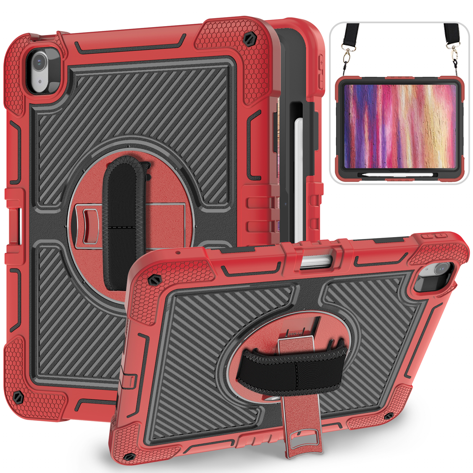 TOZIZO Red Shockproof Protective Tablet Case for pad Air13, 360° Swivel Kickstand with Adjustable Hand & Shoulder Straps
