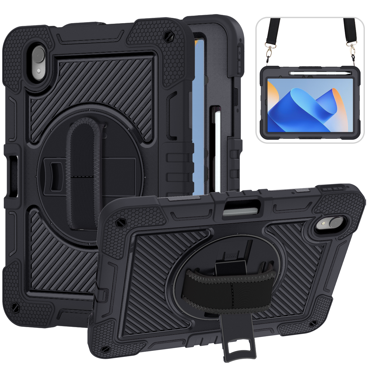 TOZIZO Full-Body Black Rugged Tablet Case for Huawei Matepad 11 (2023) with 360° Kickstand & Strap