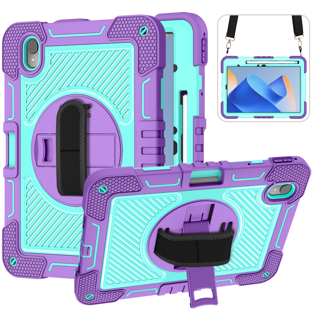 TOZIZO Silicone Rugged Tablet Case for Huawei Matepad 11 (2023) with Strap & Kickstand - Purple & Mint Green