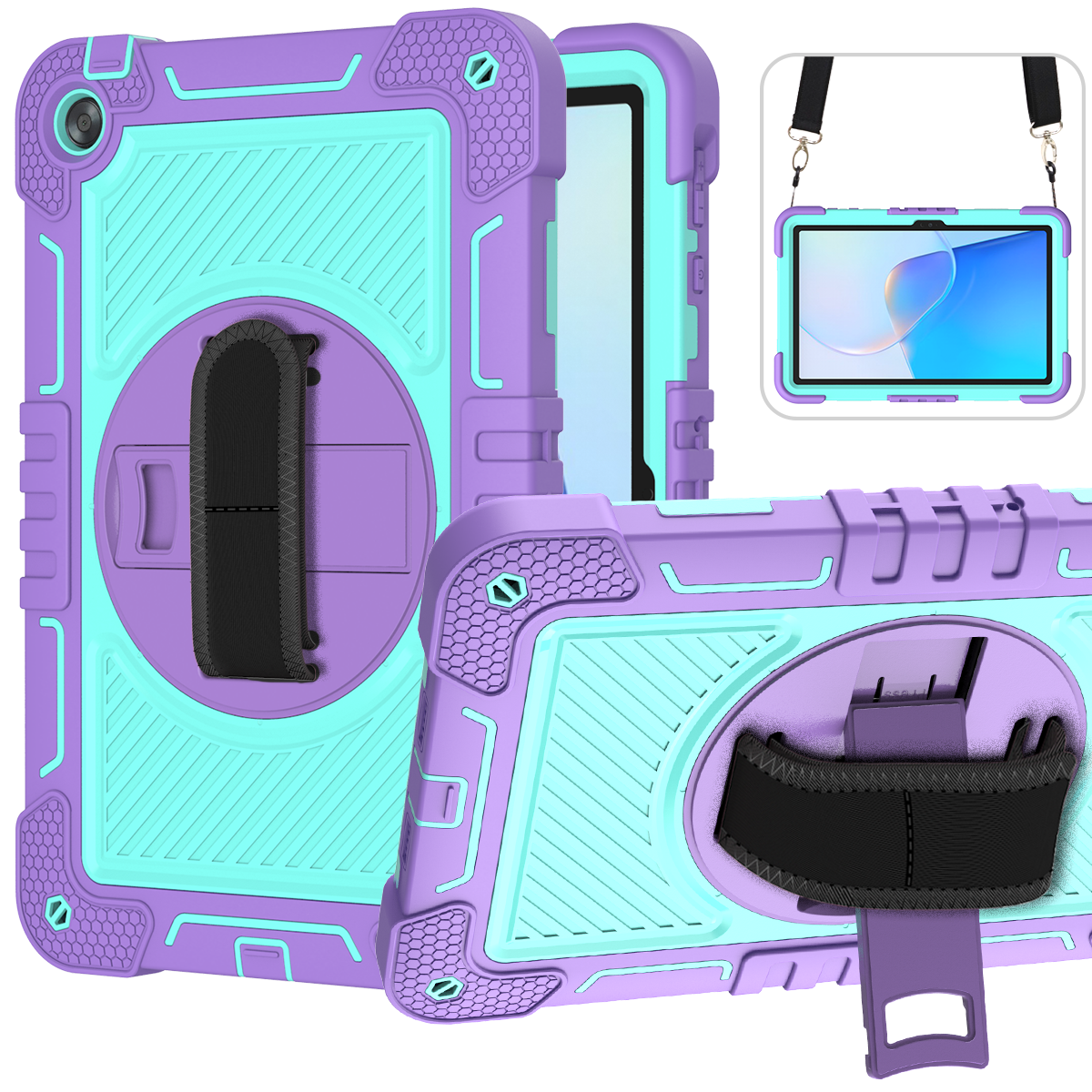 TOZIZO Rugged Tablet Case for Huawei MatePad SE 10.4 Inch with 360° Rotating Kickstand, Hand Strap & Shoulder Strap – Purple + Mint Green