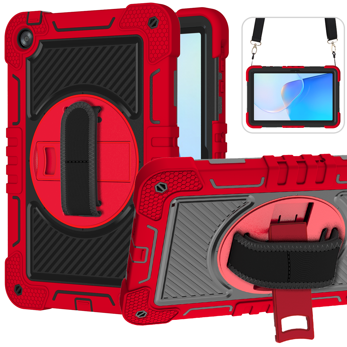 TOZIZO Rugged Tablet Cover for Huawei MatePad SE 10.4 Inch with 360° Rotating Kickstand, Hand Strap & Shoulder Strap – Red + Black