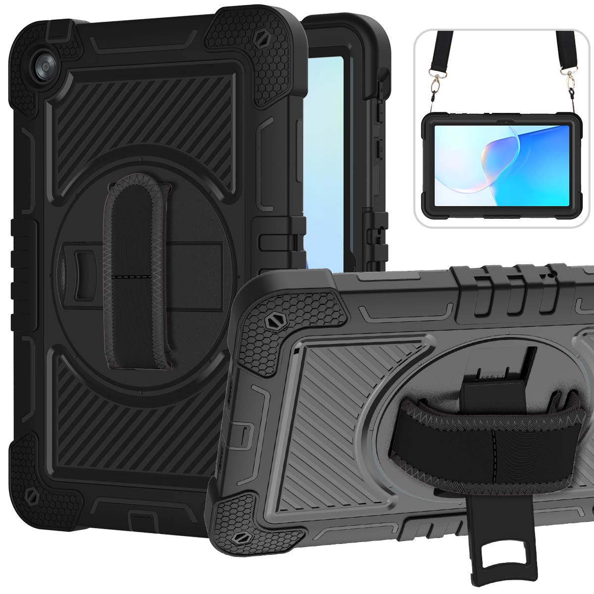 TOZIZO Rugged Tablet Case Covers for Huawei MatePad SE 10.4 Inch with 360° Rotating Kickstand, Hand Strap & Shoulder Strap – Black