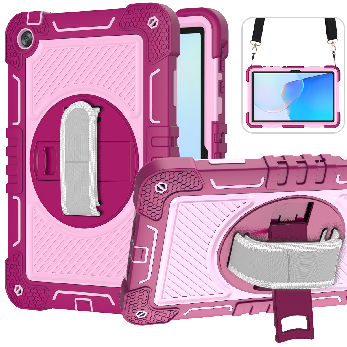 TOZIZO Shockproof Rugged Covers for Huawei MatePad SE 10.4 Inch with 360° Rotating Kickstand, Hand Strap & Shoulder Strap – Rose Red + Pink