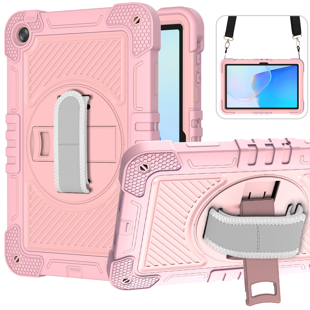 TOZIZO Shockproof Rugged Tablet Case for Huawei MatePad SE 10.4 Inch with 360° Rotating Kickstand, Hand Strap & Shoulder Strap – Pink