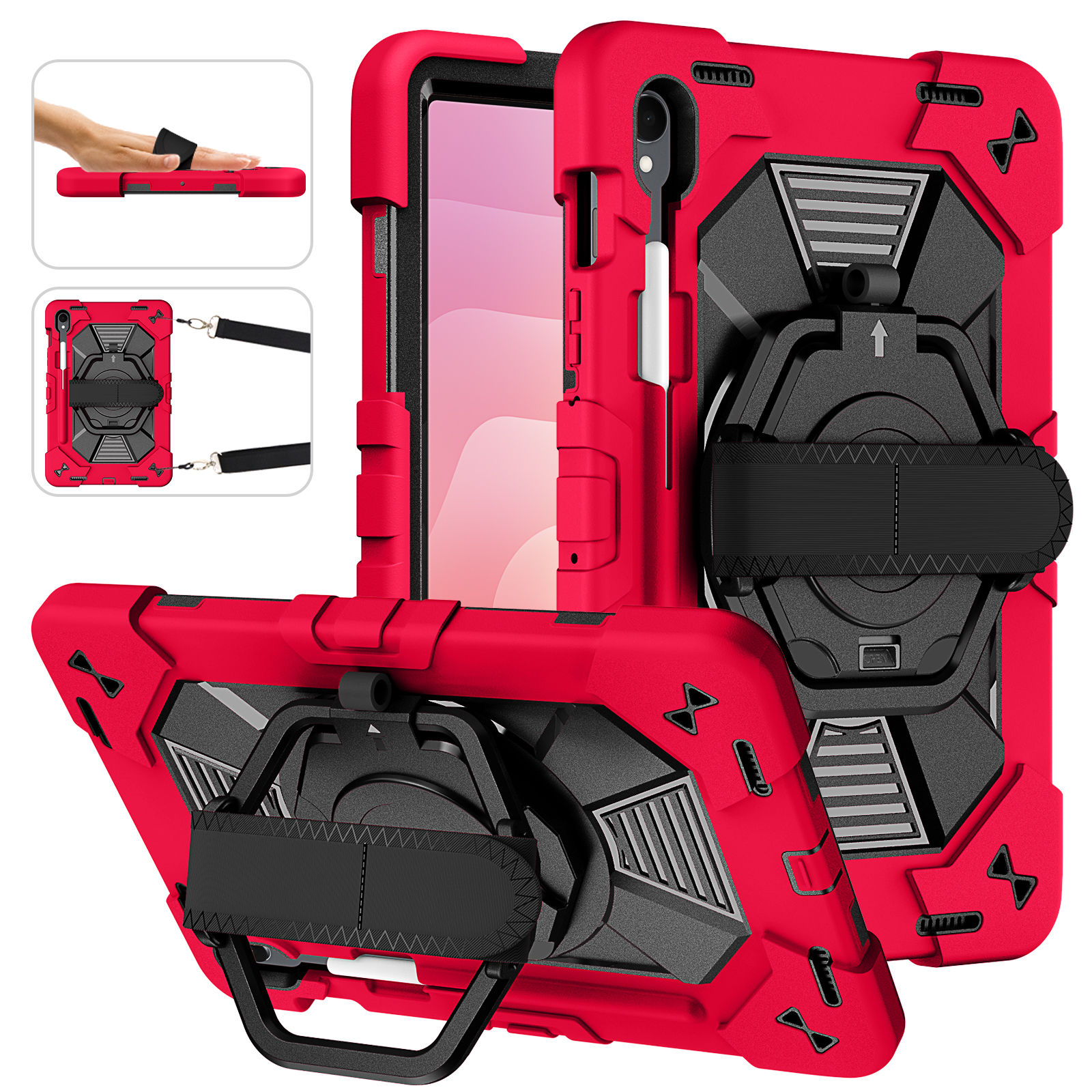 TOZIZO Red Heavy Duty Galaxy Tab S9 / S9 FE / S11 Case | 360° Stand, Hand Strap & Shoulder Strap for Distributors