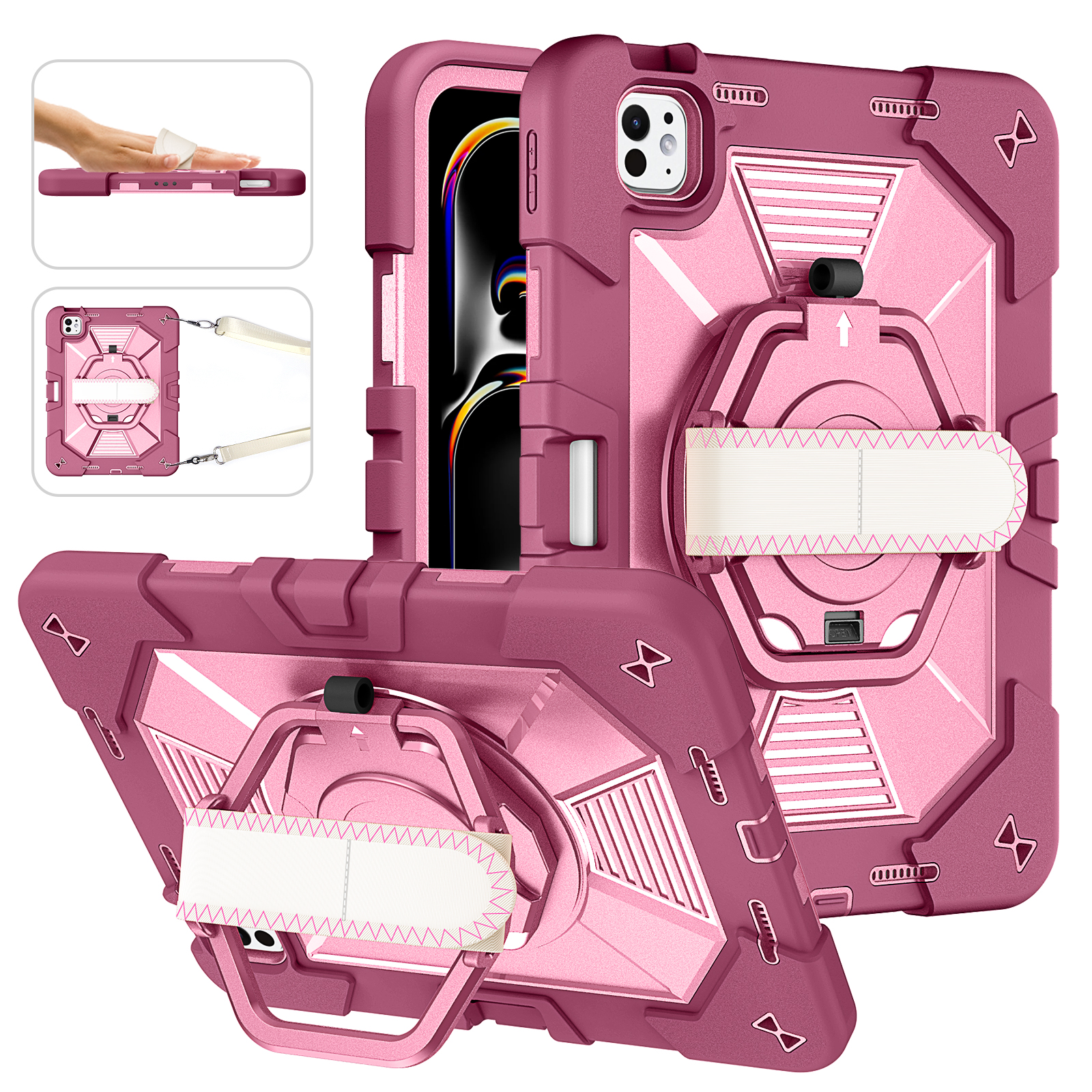 TOZIZO Rose Red B2B Rugged Case for iPad Pro 11, Rotating Stand Carry Handle for Resellers & Bulk Buyers