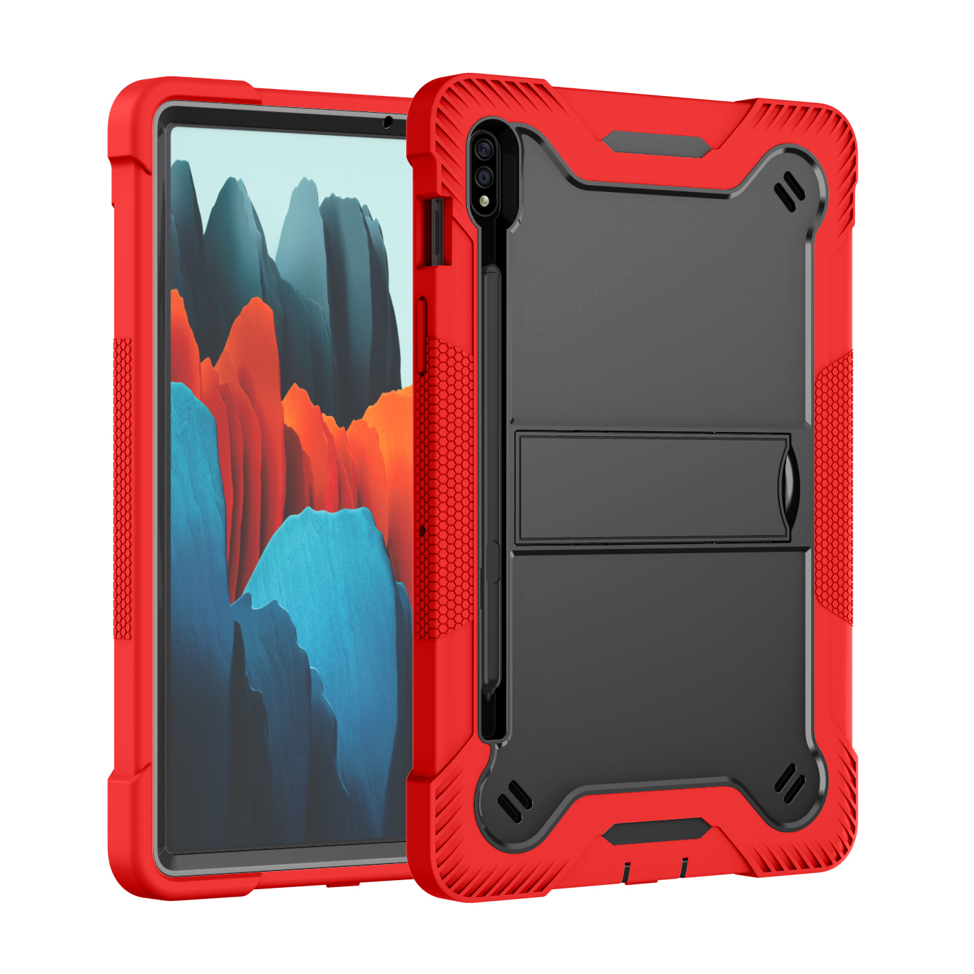 TOZIZO Red Black Heavy Duty Case for Samsung Galaxy Tab S7/S8 | 3-Layer Shockproof Stand Cover