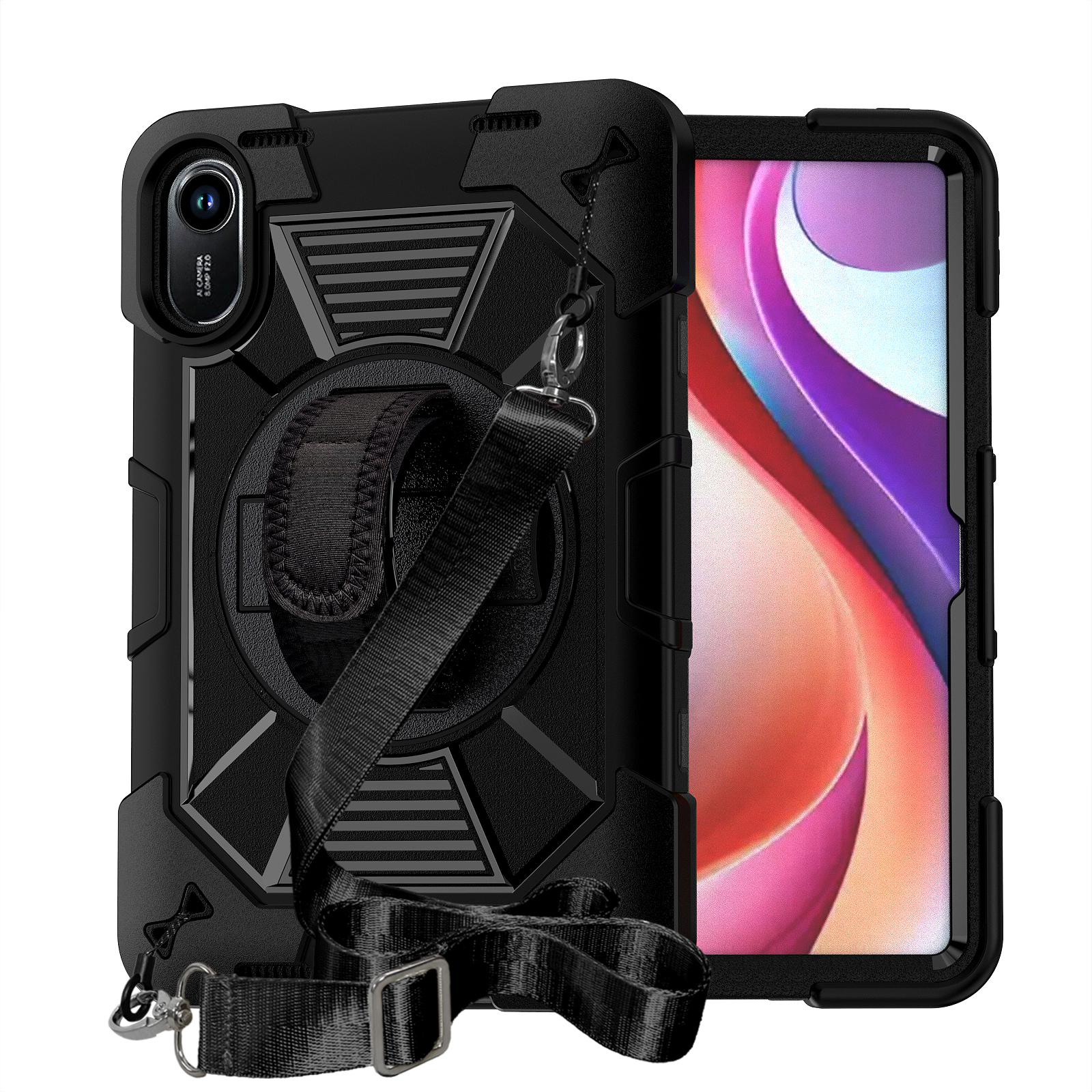 TOZIZO Black Rugged Case for Redmi Pad 2 – 360° Rotating Stand, Hand Strap & Wide Shoulder Strap | Industrial B2B