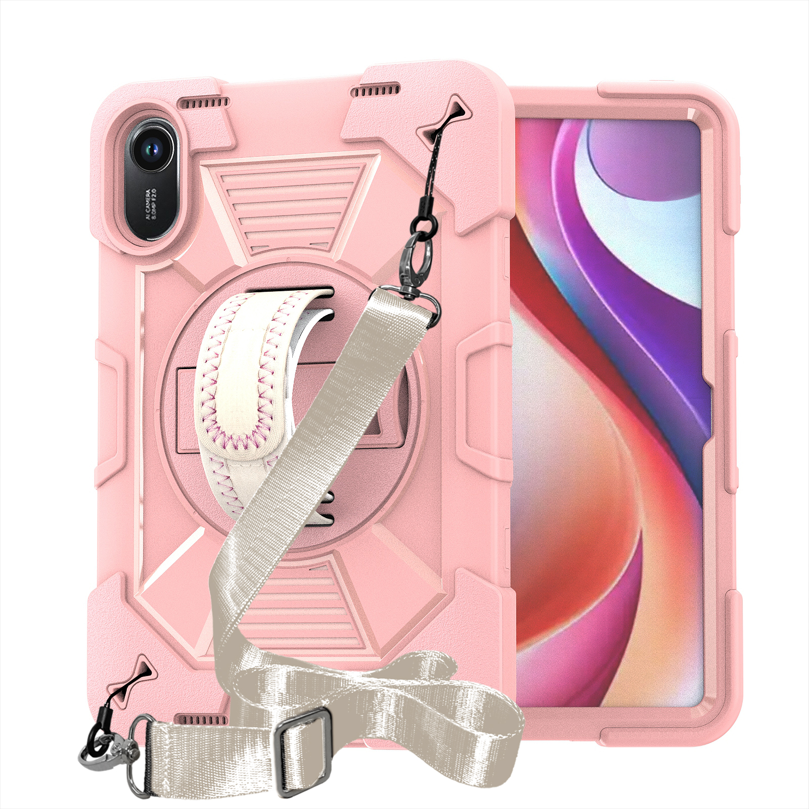 TOZIZO Rose Gold Redmi Pad 2 Shockproof Case – 360° Multi-Angle Stand, Hand Strap & Shoulder Strap for Education & Retail