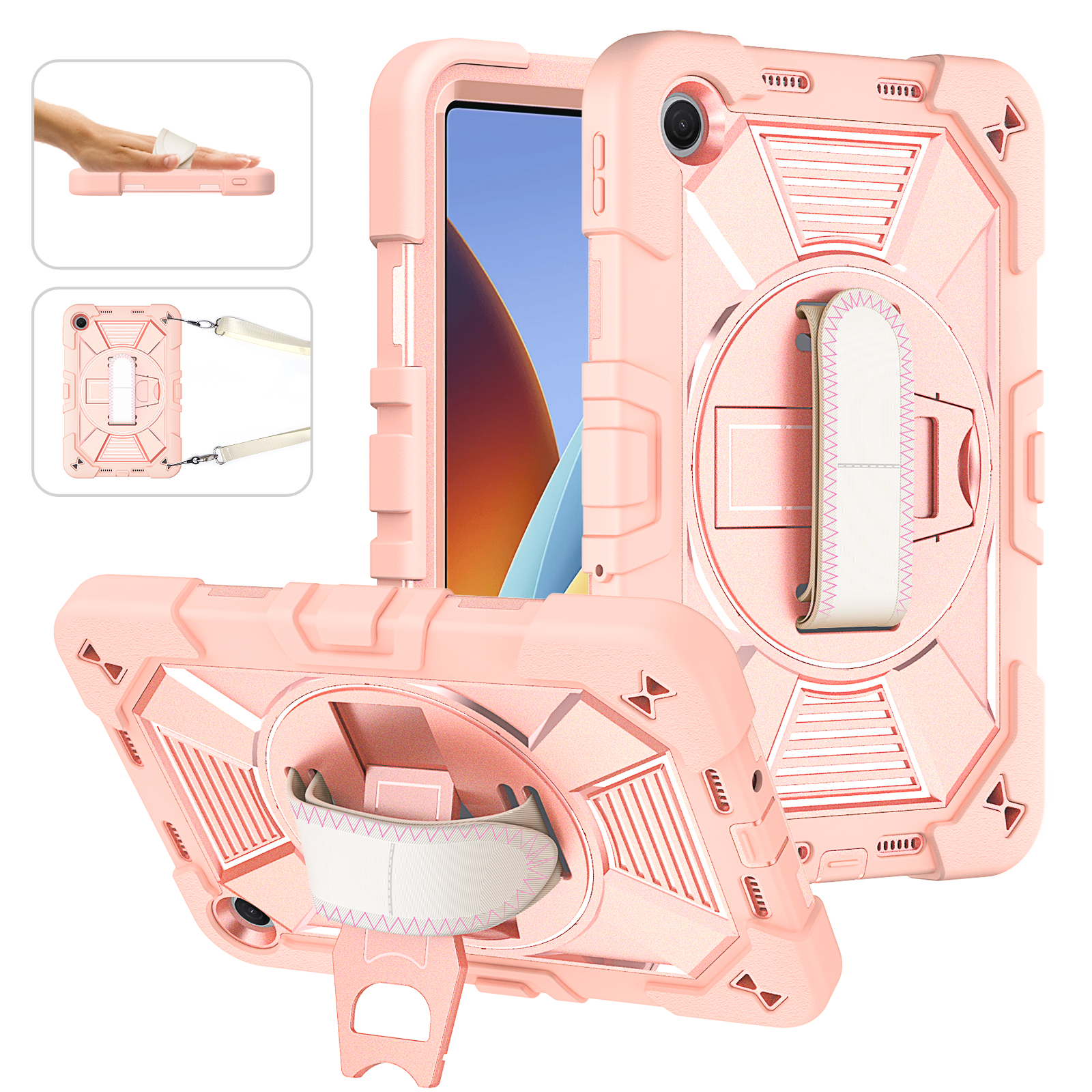 TOZIZO Silicone Protective Case for Redmi Pad 2 9.7 Inch with Hand Shoulder Strap & Rotating Stand - Rose Gold