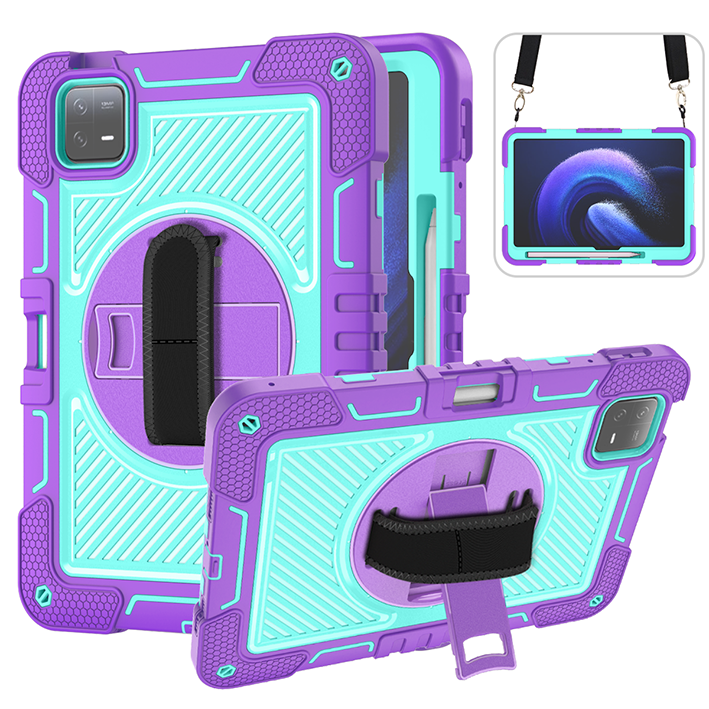 TOZIZO Purple + Mint Green Xiaomi Pad 6 Tablet Case | 360° Kickstand + Hand & Shoulder Strap