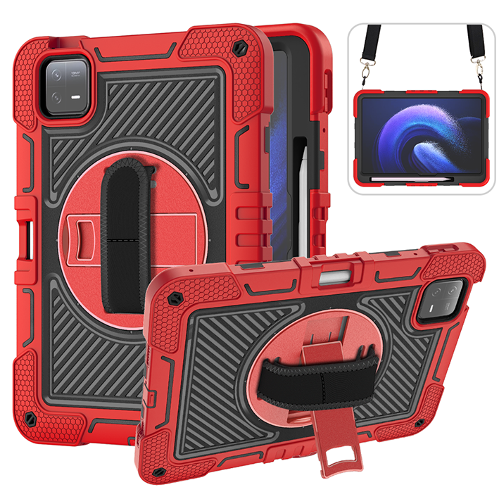 TOZIZO Heavy Duty Xiaomi Pad 6 Tablet Case - Red + Black | Shockproof 3-Layer Kickstand Cover