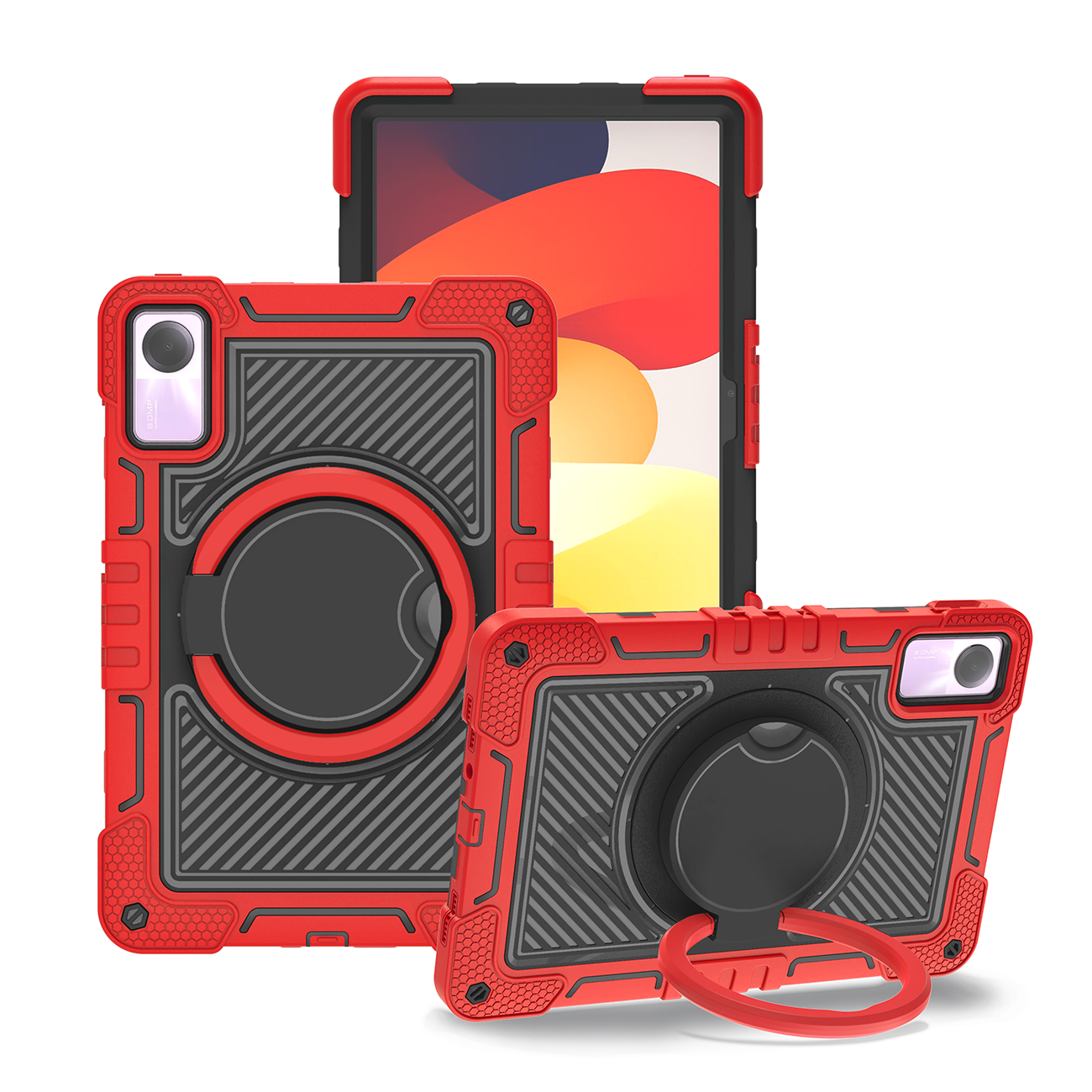 TOZIZO Triple Layer Shockproof Case for Redmi Pad SE 11'' with 360° Kickstand - Red + Black
