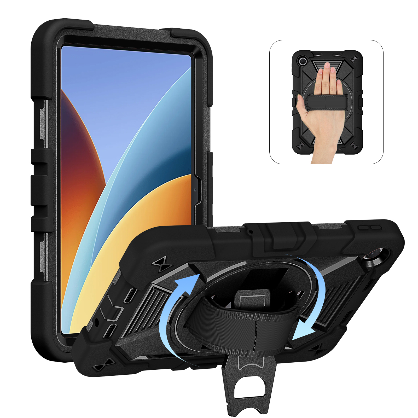 TOZIZO Industrial Rugged Case for Redmi Pad 2 9.7 – Black, 3-in-1 PC Silicone Armor with 360° Stand, Hand Strap & Shoulder Strap