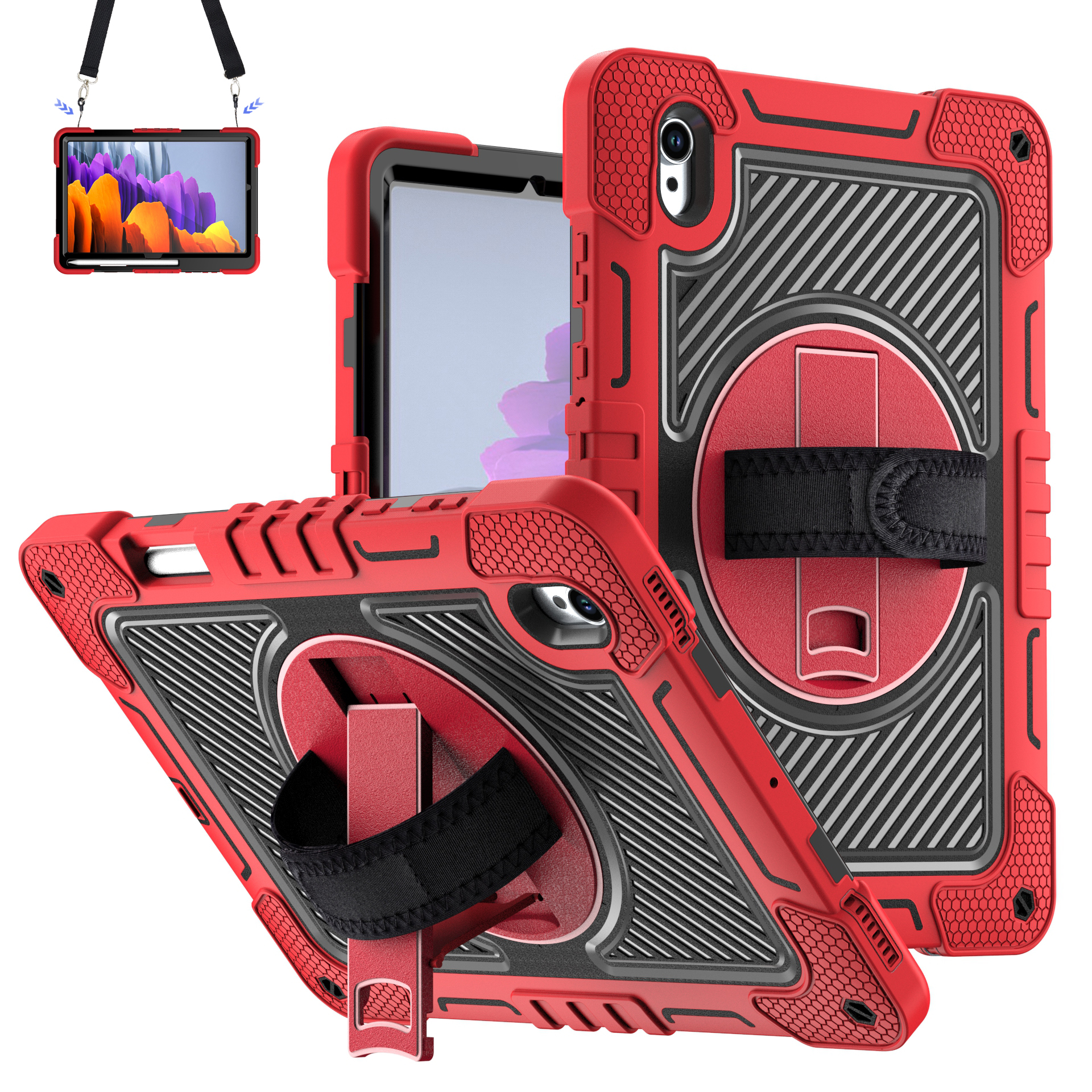 TOZIZO Red Heavy Duty Samsung Tab S11 X730/X736B Case – 360° Rotating Kickstand, Hand Grip & Shoulder Strap for Industrial Use