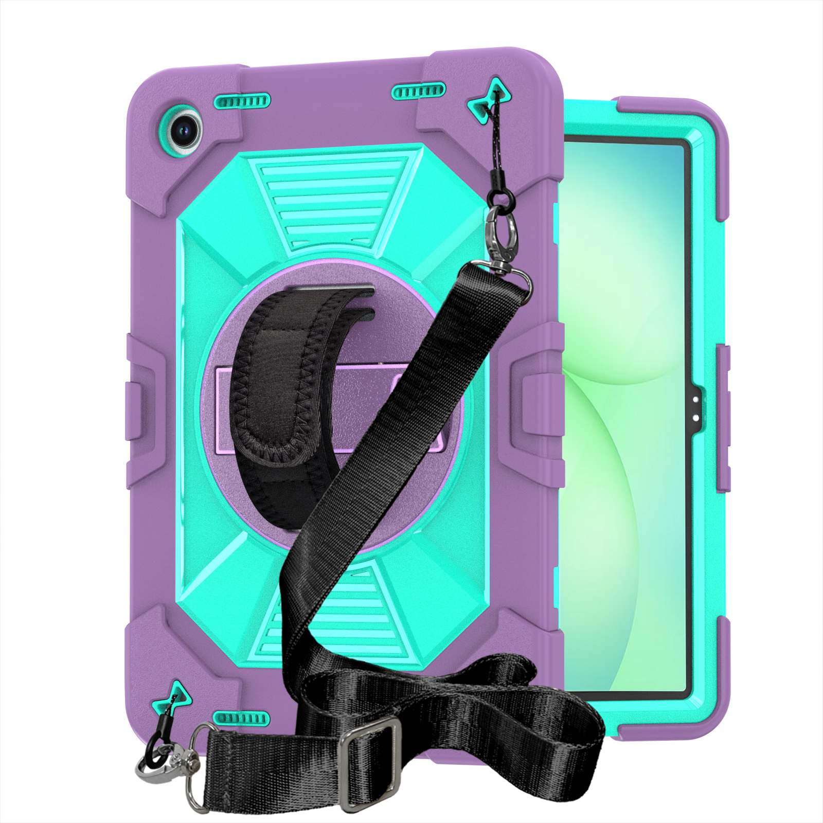 TOZIZO Teal Purple Rugged Kids Tablet Case for Samsung Tab A9+ / A11+ with Rotating Kickstand & Strap