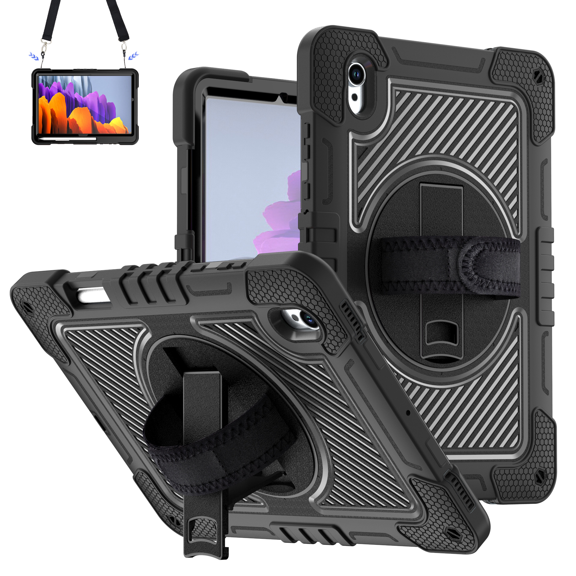 TOZIZO Black Rugged Case for Samsung Galaxy Tab S11 X730/X736B – 360° Rotating Stand, Hand Strap & Shoulder Strap for Enterprise Fleets