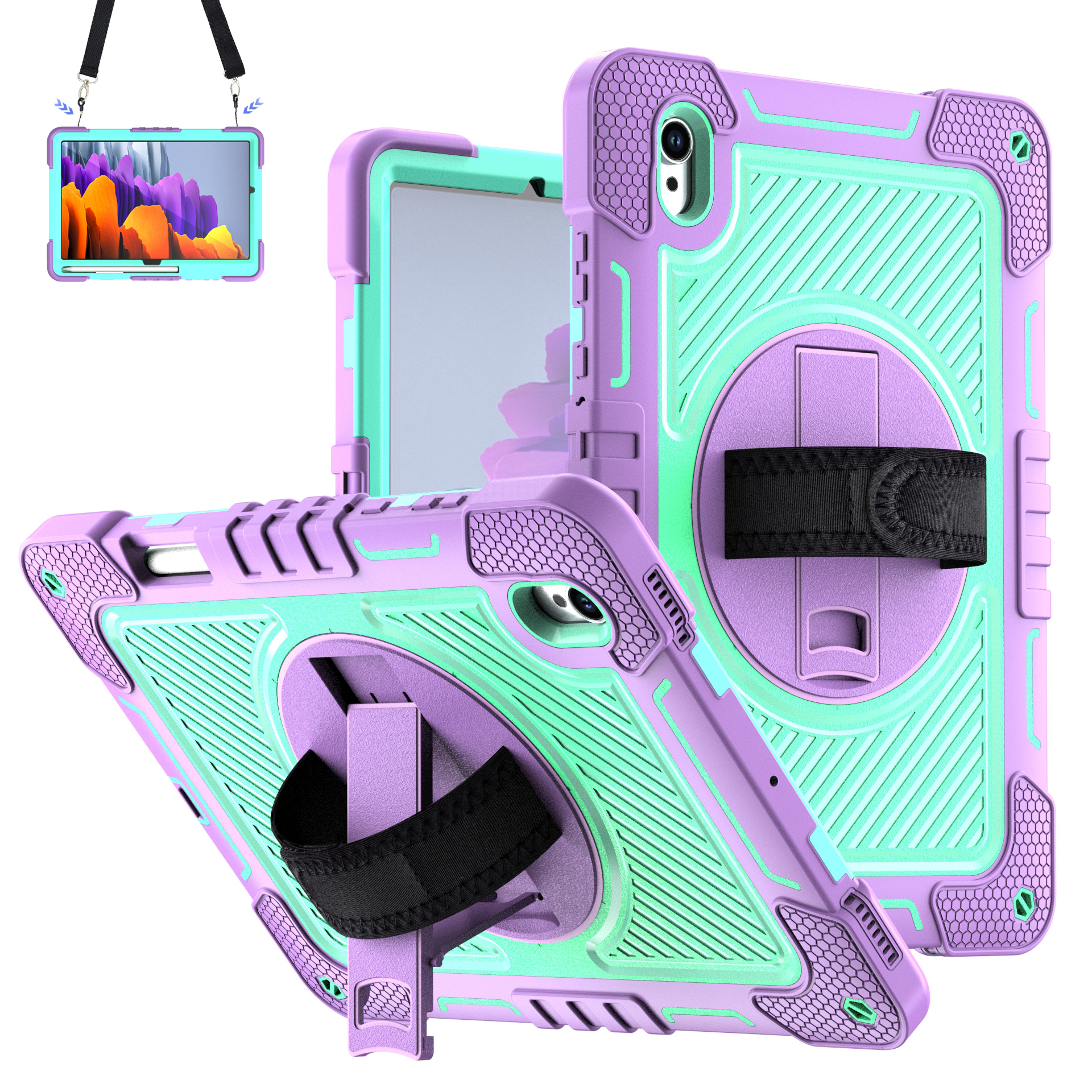 TOZIZO Purple Mint Samsung Tab S11 X730/X736B Armor Case – 360° Rotating Stand with Hand & Shoulder Straps for Education and Training