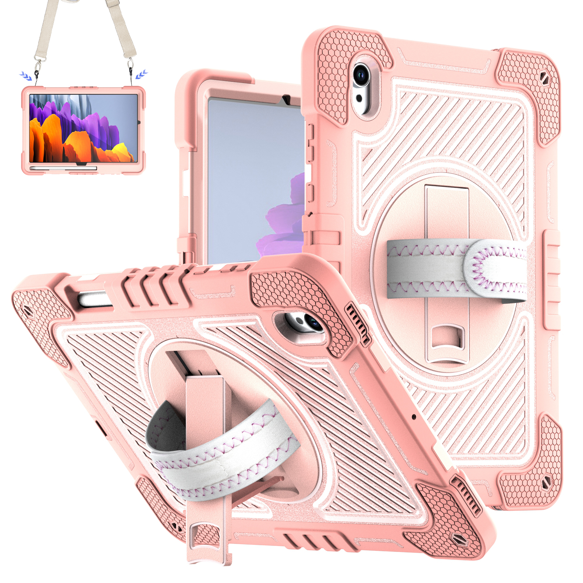 TOZIZO Rose Gold For Samsung Tab S11 X730/X736B Rugged Case – 360° Rotating Stand with Hand & Shoulder Straps for Retail and Hospitality