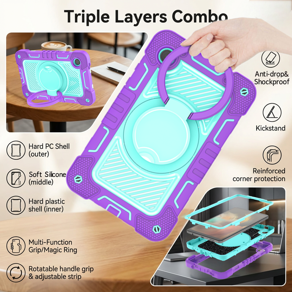 TOZIZO Samsung Tab A9 Plus Kids Education Tablet Case, Silicone Anti-Drop Full-Body Rugged Case with 360° Rotating Magic Ring Kickstand
