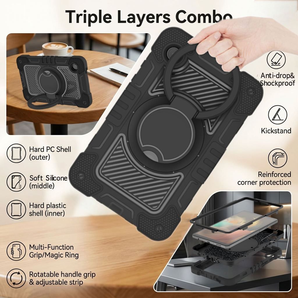 TOZIZO Samsung Galaxy Tab A9 Plus Silicone Rugged Tablet Case, Anti-Drop Full-Body Protection with Multi-Function Magic Ring, 360° Rotation & Kickstand Support