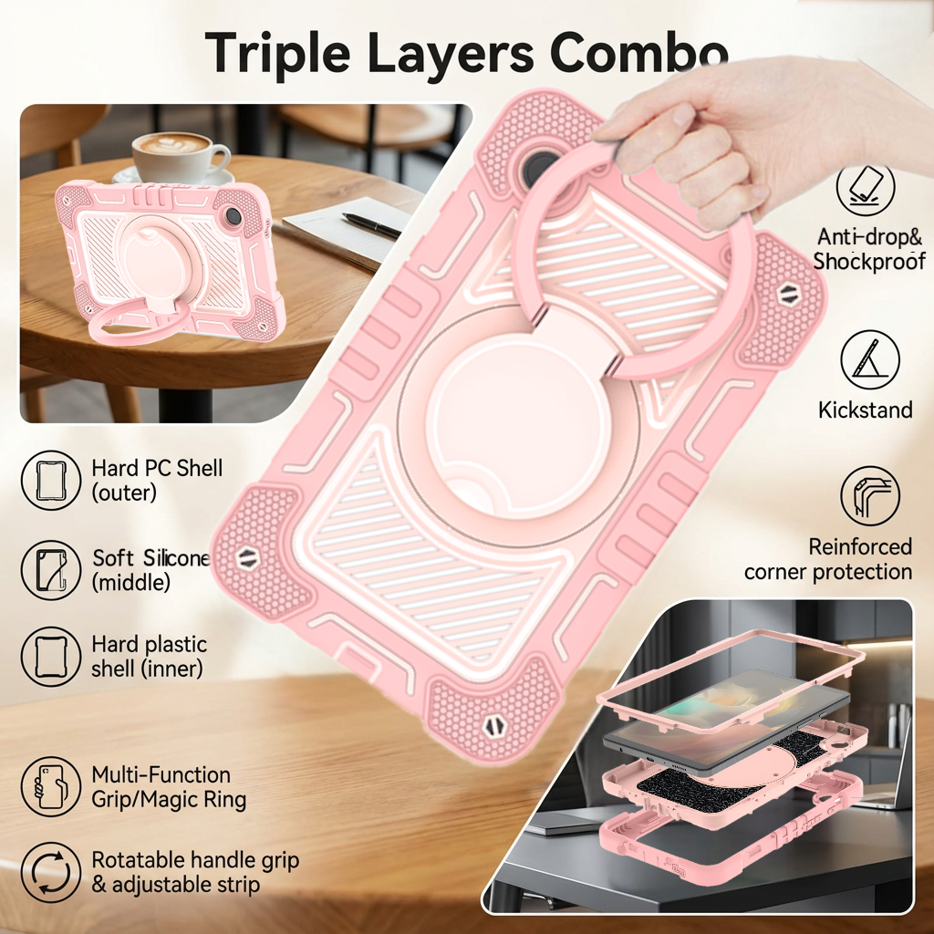 TOZIZO Galaxy Tab A9 Plus Shockproof Silicone Rugged Case, 3-Layer Heavy Duty Protective Cover with Rotatable Handle Grip and Adjustable Strap