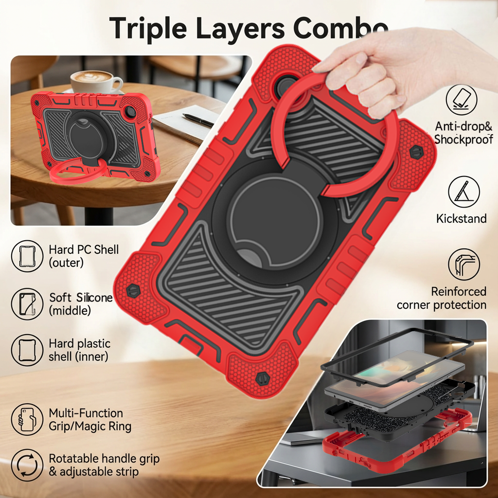 TOZIZO Samsung Galaxy Tab A9 Plus Heavy Duty Rugged Silicone Case, Shockproof Triple-Layer Protective Cover with Multi-Angle Kickstand & Hand/Shoulder Strap