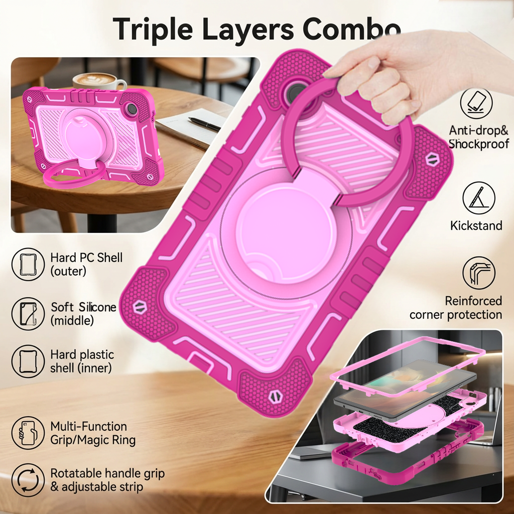 TOZIZO Samsung Galaxy Tab A9 Plus Silicone Tablet Case, Triple-Layer Rugged Full-Body Protection with 360° Rotation Disc & Multi-Function Magic Ring Grip