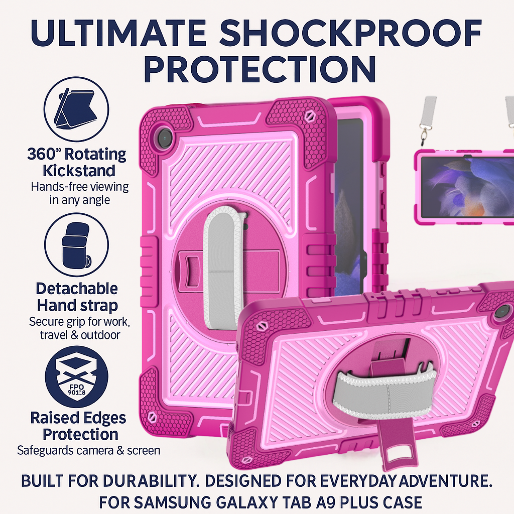 TOZIZO Shockproof Silicone Samsung Tab A9 Plus Case – Heavy Duty Kids Education Tablet Cover with Shoulder Strap & Multi-Angle Stand