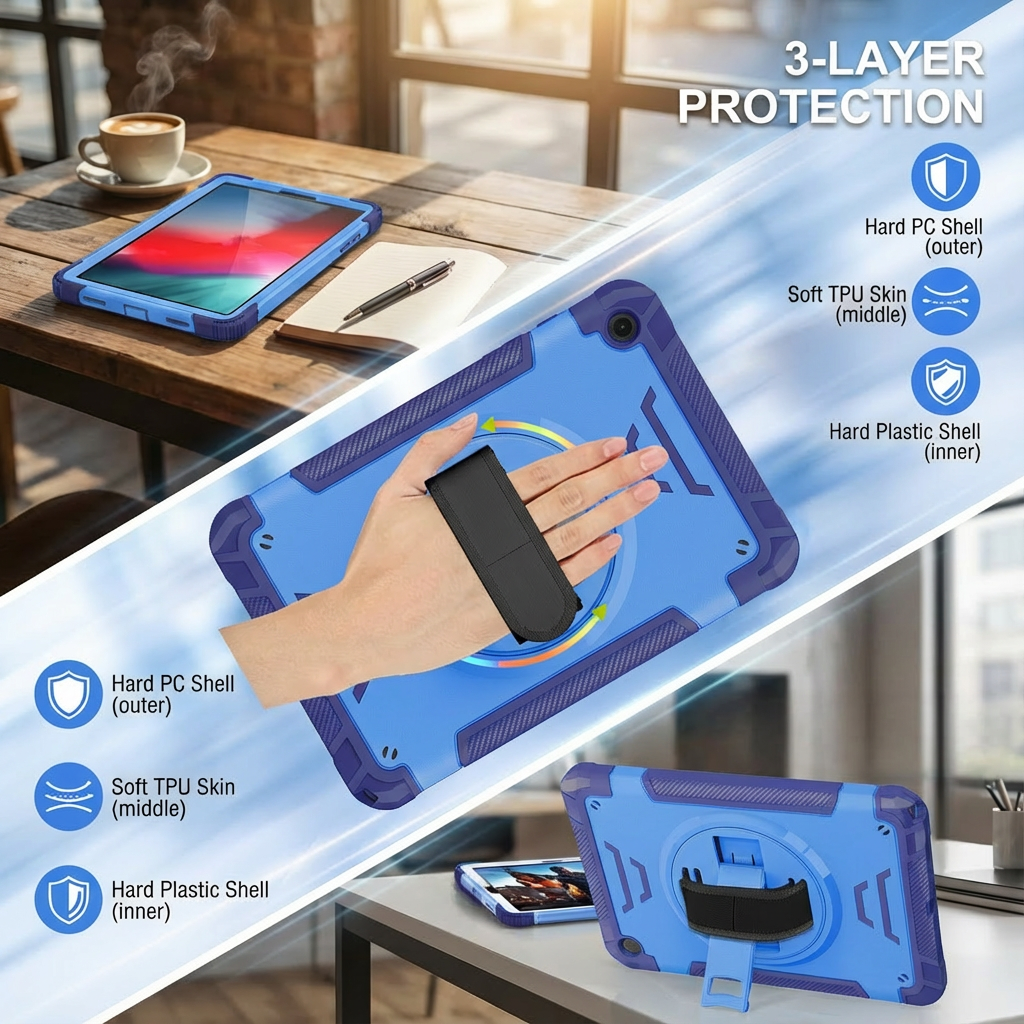 TOZIZO Samsung Tab A9 Plus Tablet Case with 360° Rotation Disc, Triple-Layer Heavy Duty Rugged Full-Body Protection, TPU Shockproof Case with Kickstand & Hand/Shoulder Strap