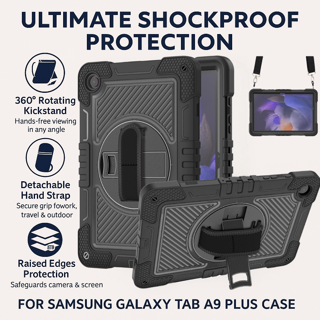 TOZIZO Heavy Duty Samsung Galaxy Tab A9 Plus Tablet Case with 360° Rotating Handle, Kickstand, Shockproof Protection & Carrying Strap